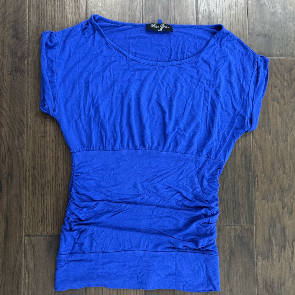 Bizz Girl Ruched Blue Cap Sleeve T-Shirt